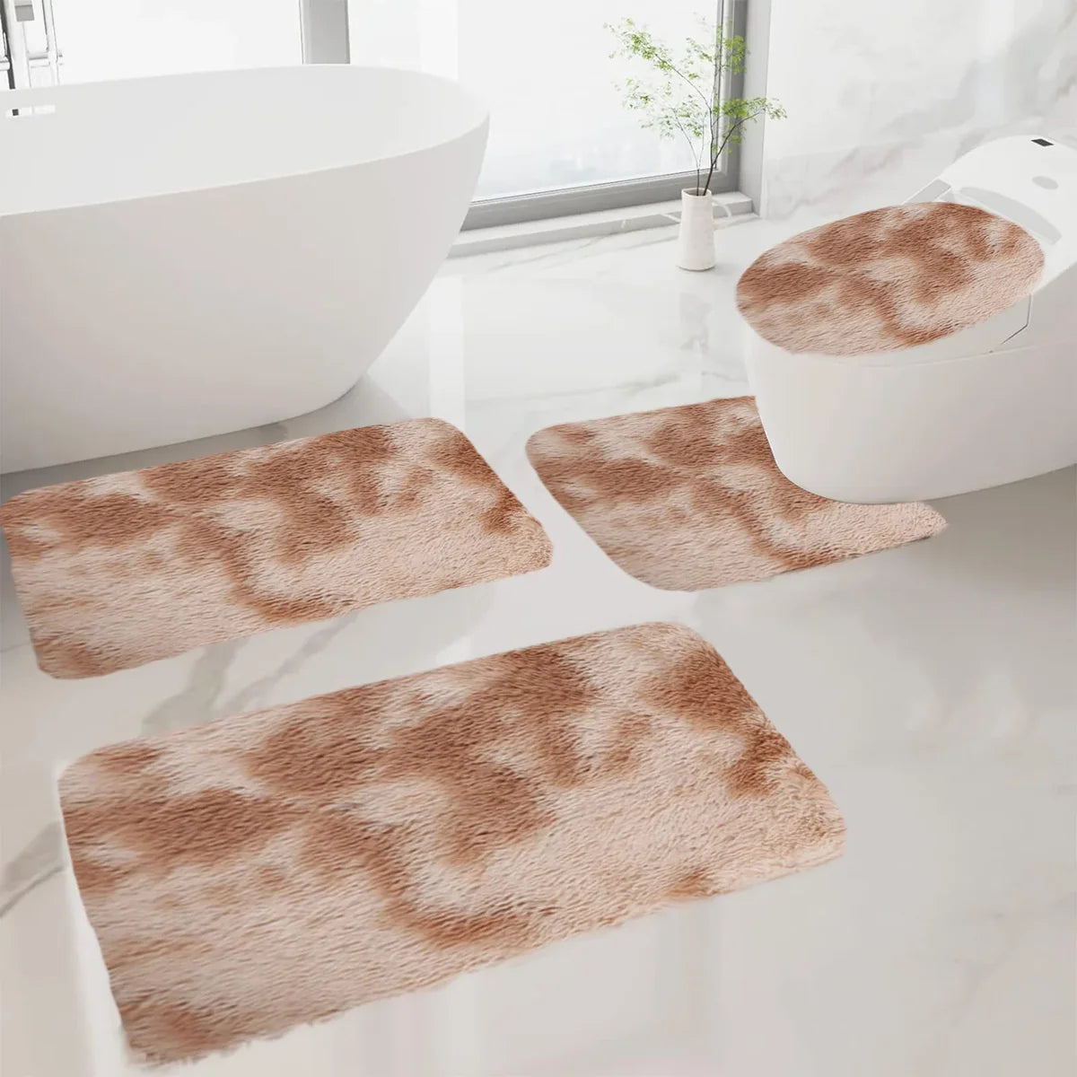 Set 4 Covorașe de Baie Antiderapante, material pufos, Crem