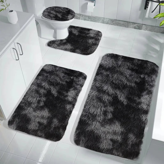 Set 4 Covorașe de Baie Antiderapante, material pufos, Negru