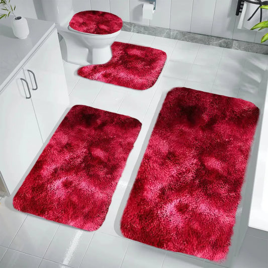 Set 4 Covorașe de Baie Antiderapante, material pufos, Roșu