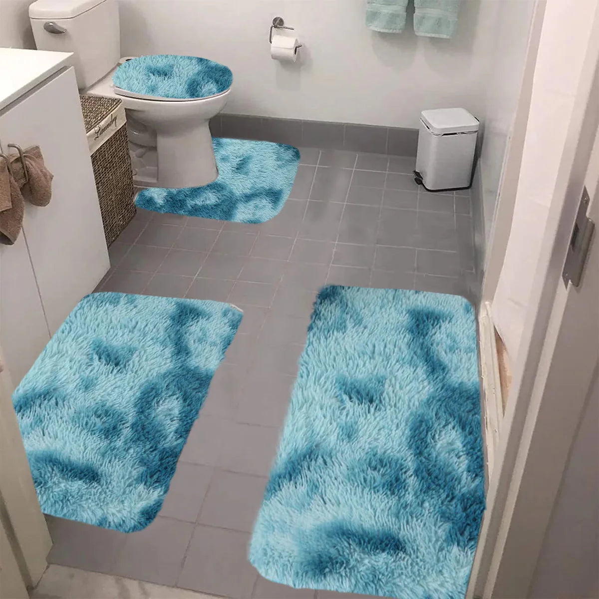 Set 4 Covorașe de Baie Antiderapante, material pufos, Turcoaz